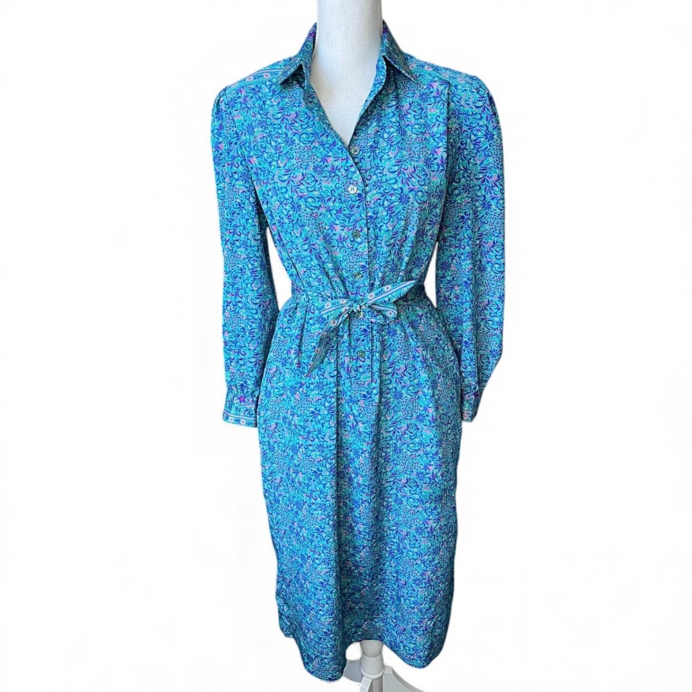 Vintage 80’s Blue Floral belted midi dress Womens size 8 collared button down